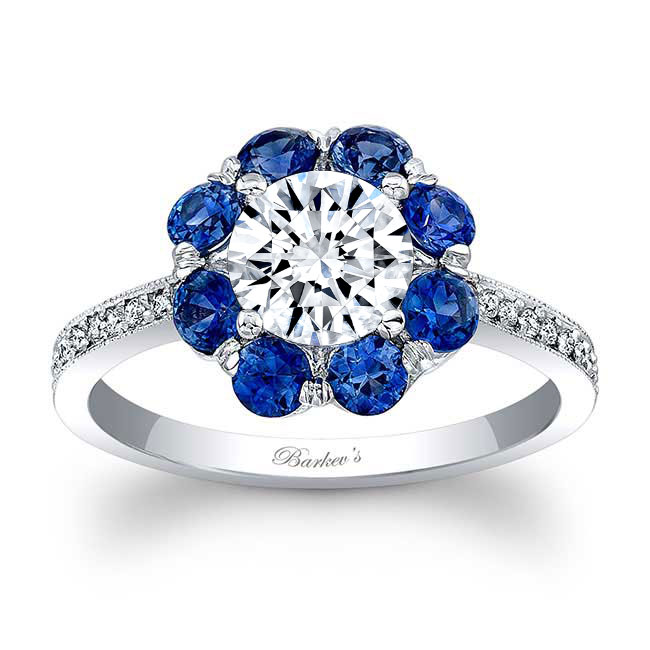 Flower Halo Blue Sapphire Accent Engagement Ring