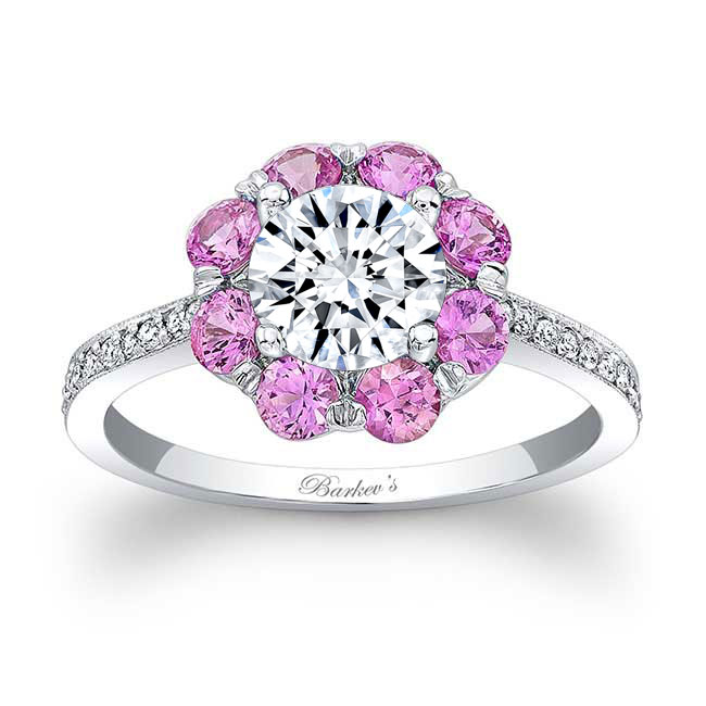 Flower Halo Pink Sapphire Accent Engagement Ring