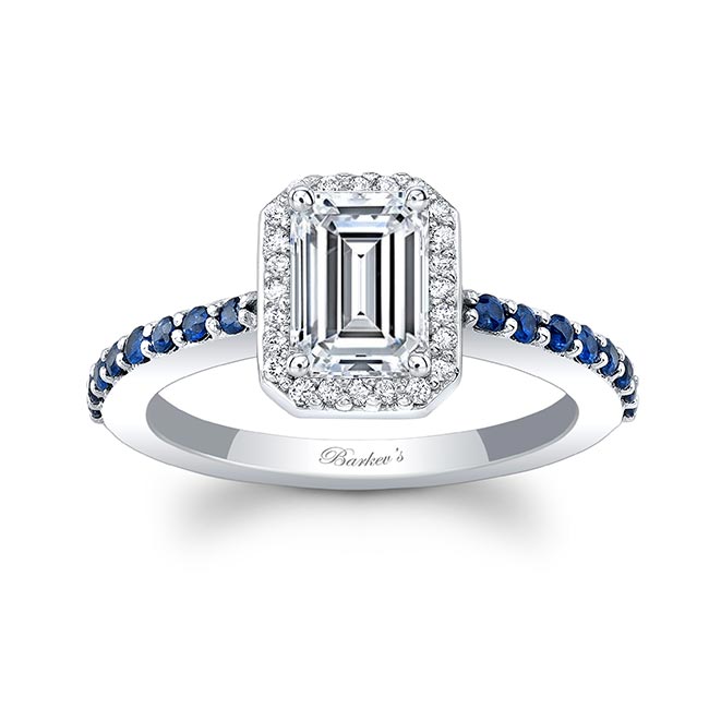 1 Carat Emerald Cut Diamond Halo Engagement Ring With Blue Sapphires