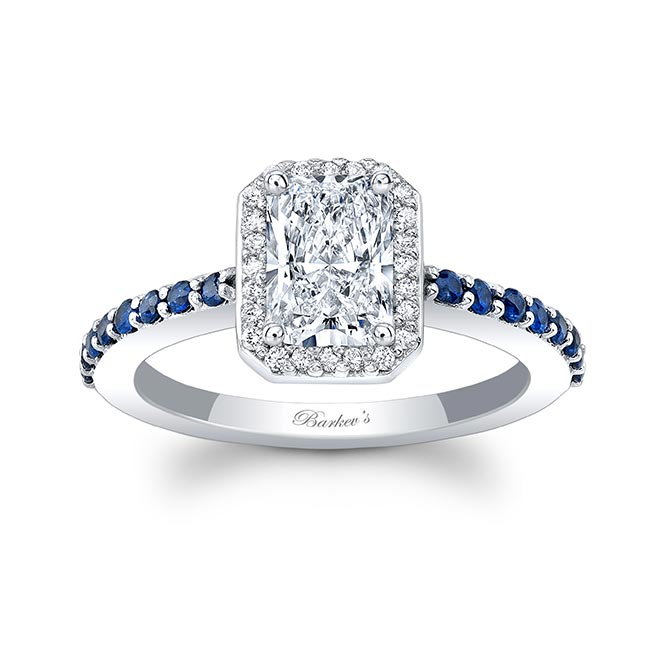 1 Carat Radiant Diamond Halo Engagement Ring With Blue Sapphires