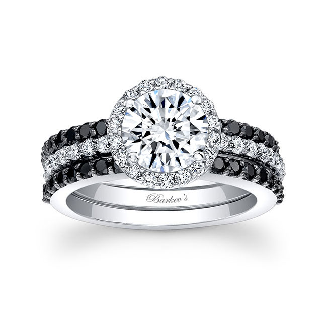 Lab Grown Diamond 3 Piece Halo Wedding Ring Set With Black Diamonds