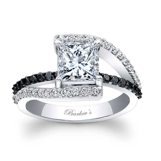 Black Diamond Accent Split Shank Princess Moissanite Ring