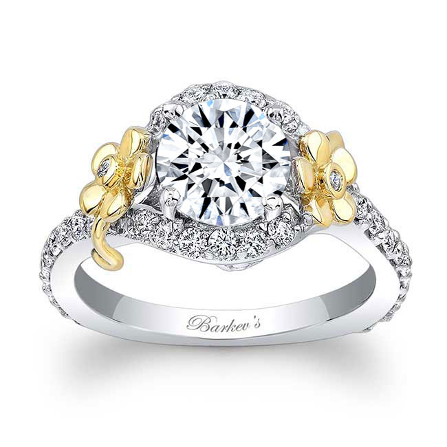 White Yellow Gold Flower Engagement Ring