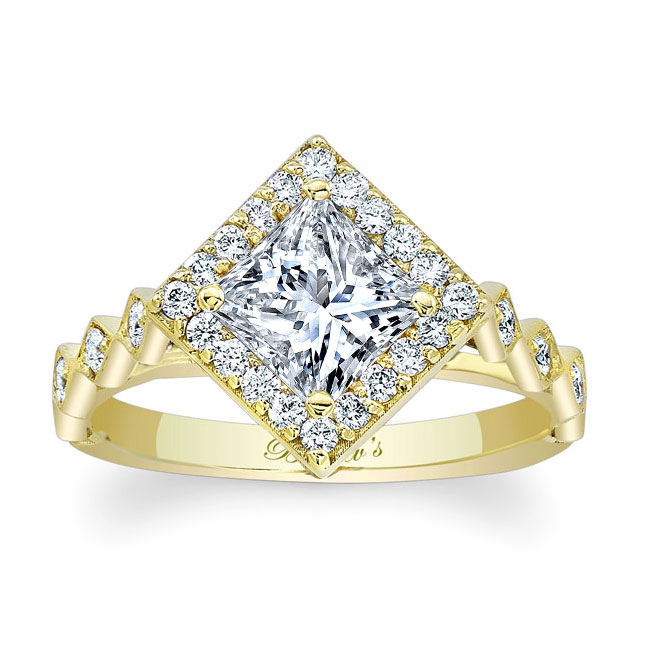 Yellow Gold Vintage Princess Cut Moissanite Halo Ring