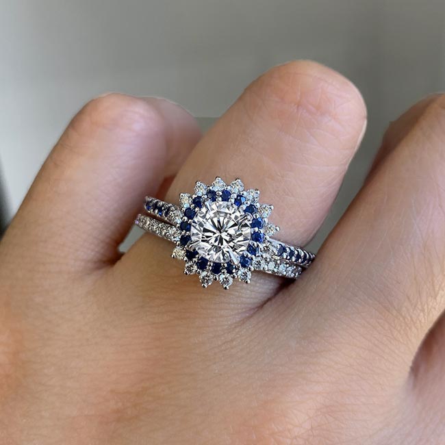 Moissanite Blue Sapphire Accent Sunflower Bridal Set Image 3