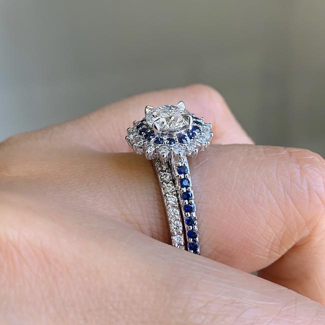 Moissanite Blue Sapphire Accent Sunflower Bridal Set Image 4