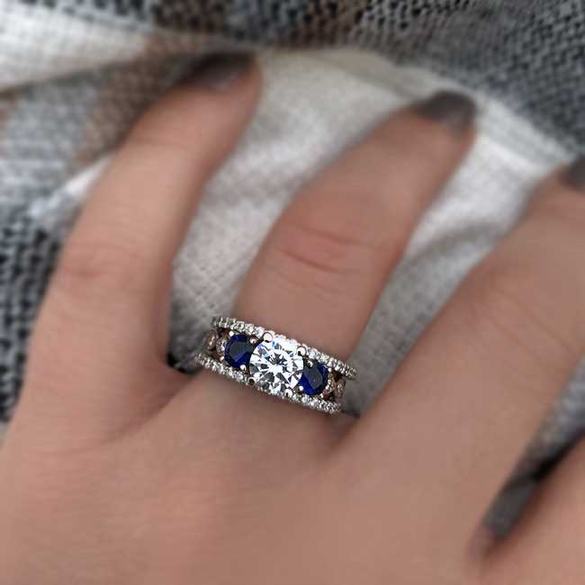 Vintage 3 Stone Lab Diamond Ring Set With Blue Sapphires And 2 Bands Image 3