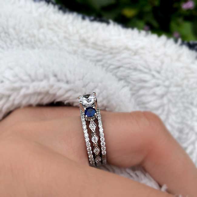 Vintage 3 Stone Lab Diamond Ring Set With Blue Sapphires And 2 Bands Image 4