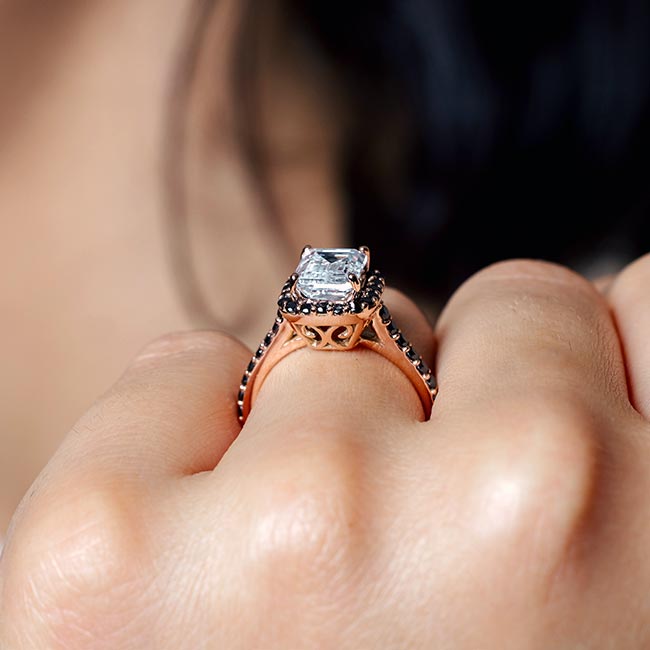 Rose Gold Emerald Cut Moissanite Halo Ring With Black Diamonds Image 4