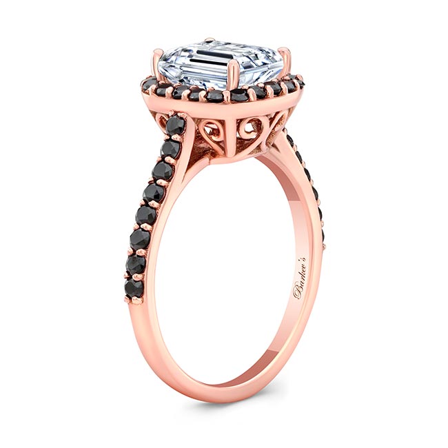 Rose Gold Emerald Cut Moissanite Halo Ring With Black Diamonds Image 2