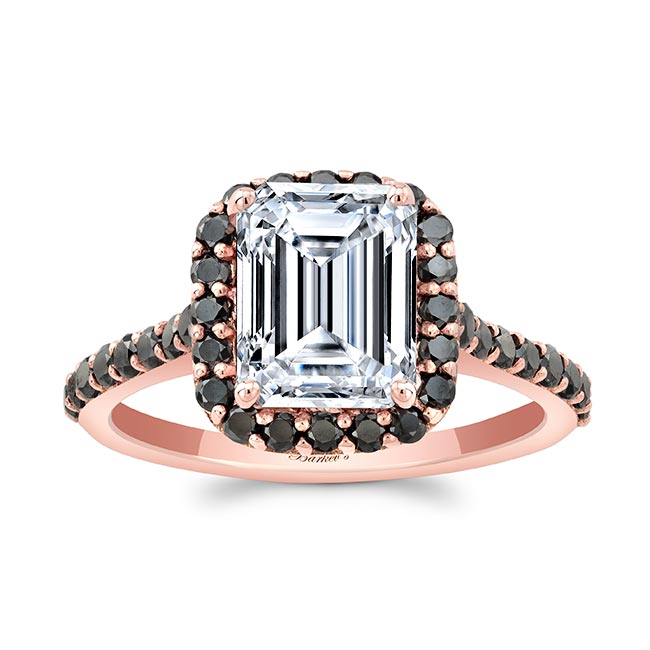 Rose Gold Emerald Cut Moissanite Halo Ring With Black Diamonds