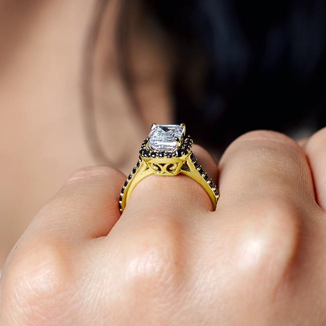 Yellow Gold Emerald Cut Moissanite Halo Ring With Black Diamonds Image 4