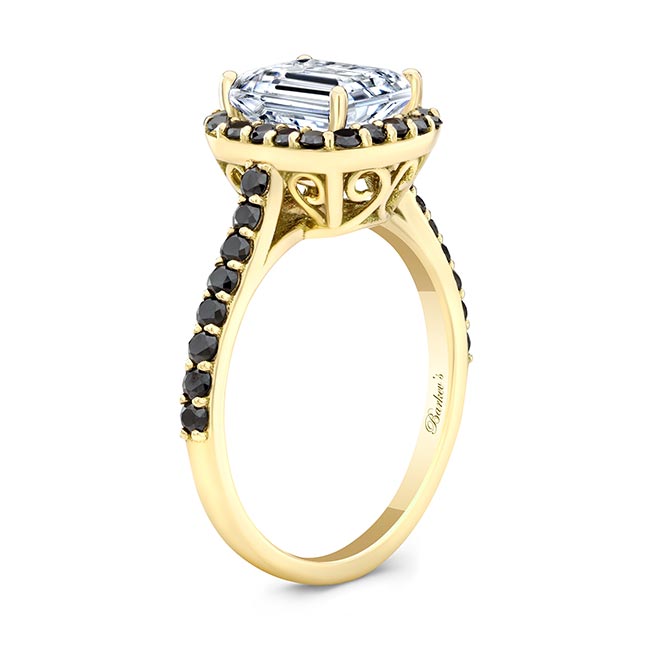 Yellow Gold Emerald Cut Moissanite Halo Ring With Black Diamonds Image 2