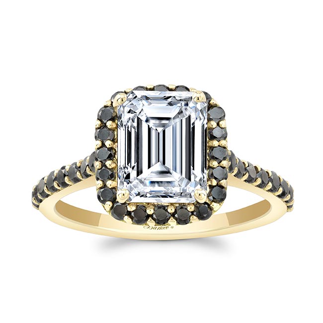 Yellow Gold Emerald Cut Moissanite Halo Ring With Black Diamonds