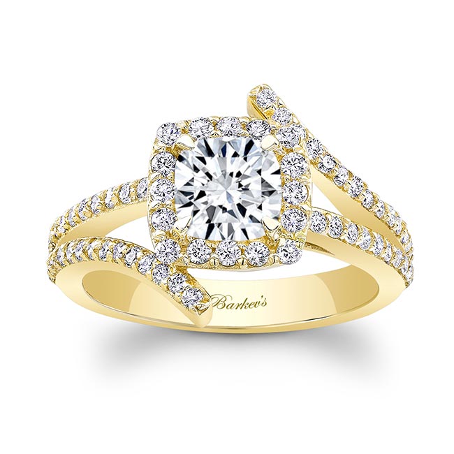 Yellow Gold Split Shank Cushion Cut Halo Ring