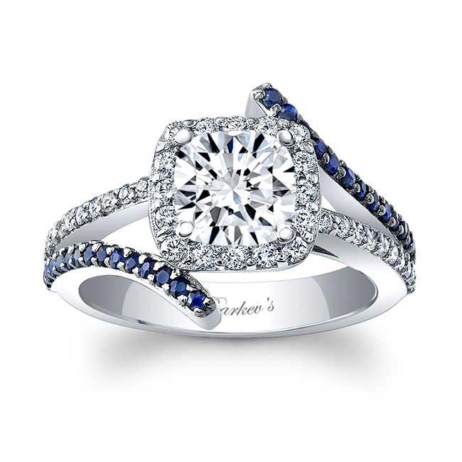 Split Shank Cushion Cut Blue Sapphire Accent Halo Ring