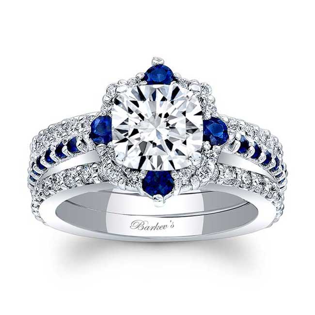 Halo Cushion Cut Moissanite Wedding Ring Set With 2 Bands And Blue Sapphires