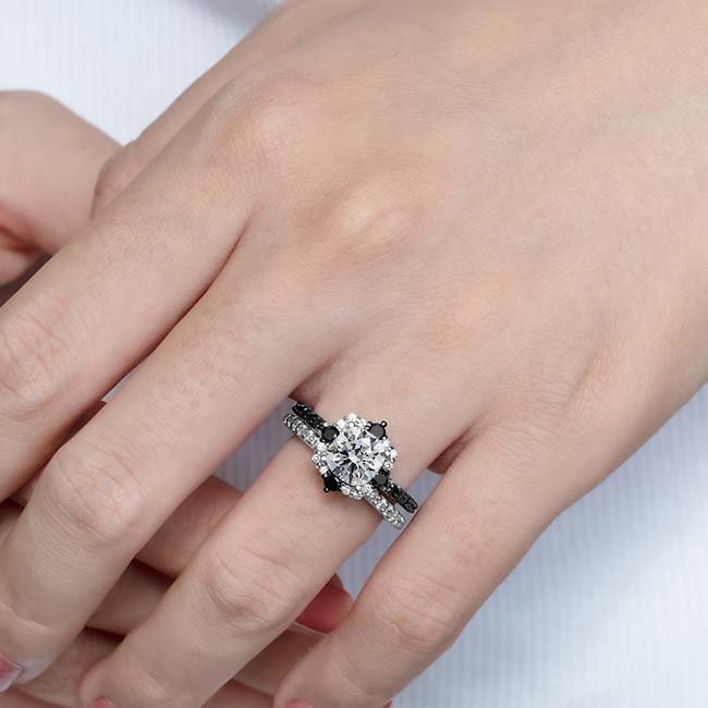 Halo Cushion Cut Black Diamond Accent wedding Ring Set Image 3