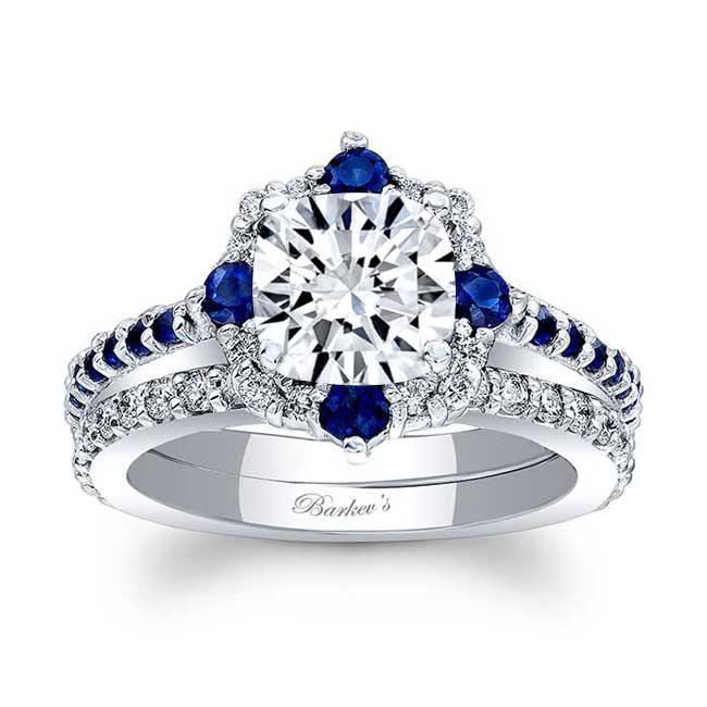 Halo Cushion Cut Moissanite Wedding Ring Set With Blue Sapphires