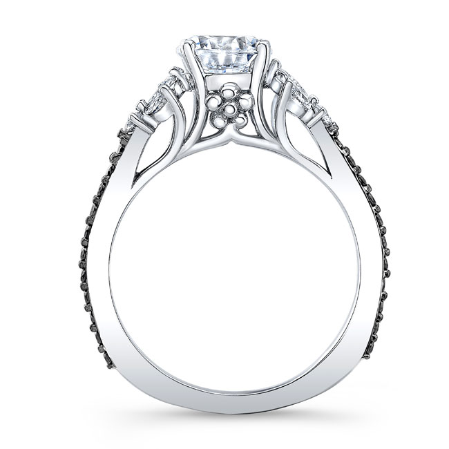 White Gold Black Diamond Accent Leaf Engagement Ring Image 2