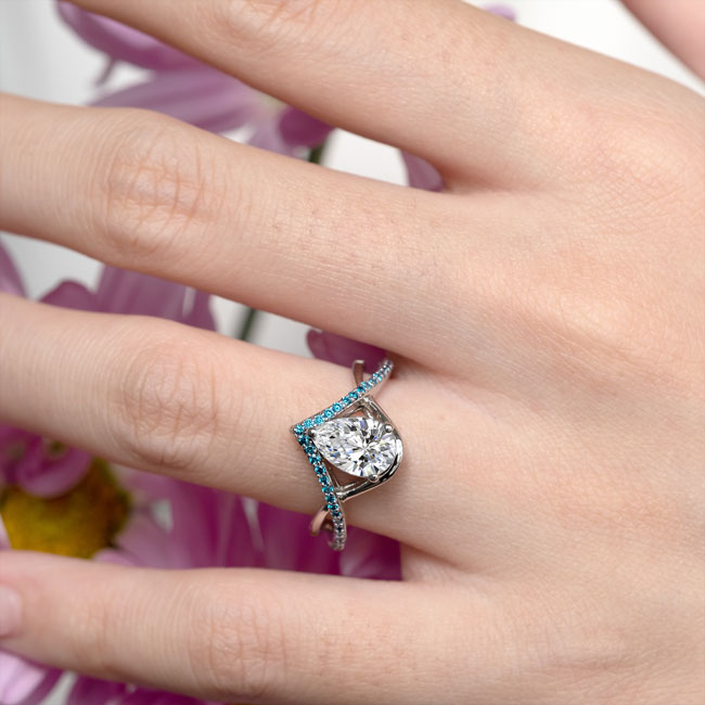 Unique Pear Shaped Moissanite Blue Diamond Accent Ring Image 3