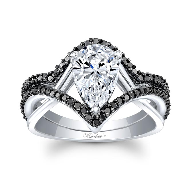 Unique Pear Shaped Black Diamond Accent Wedding Set