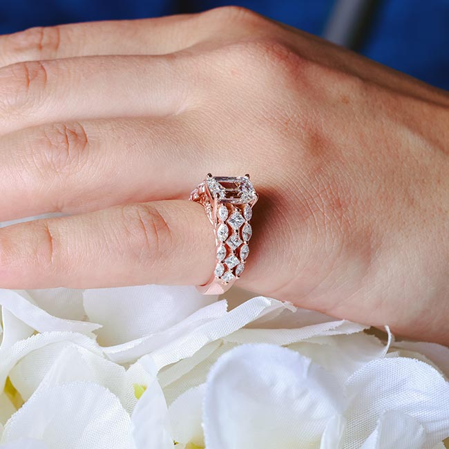 Rose Gold Three Row Emerald Cut Diamond Ring Image 5