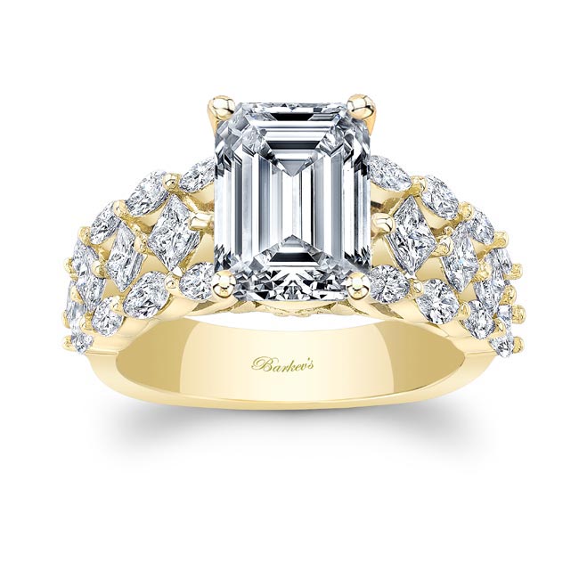 Yellow Gold Three Row Emerald Cut Diamond Ring