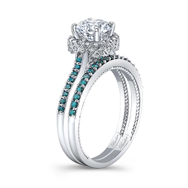 Platinum Round Halo Blue Diamond Accent Wedding Set Image 2