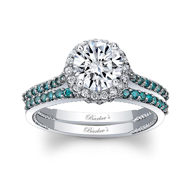 Round Halo Blue Diamond Accent Wedding Set