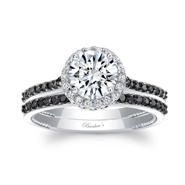 Round Halo Moissanite Black Diamond Accent Wedding Set