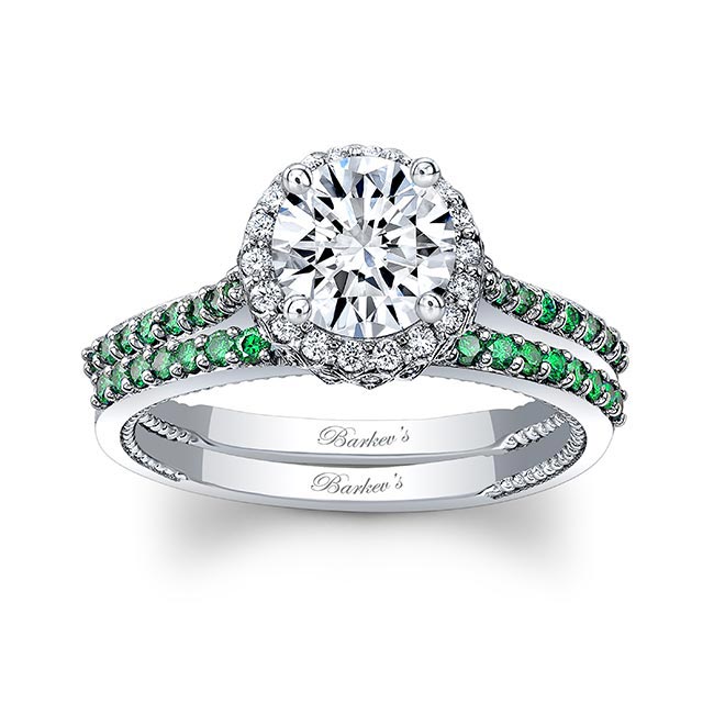 Round Halo Emerald Accent Wedding Set