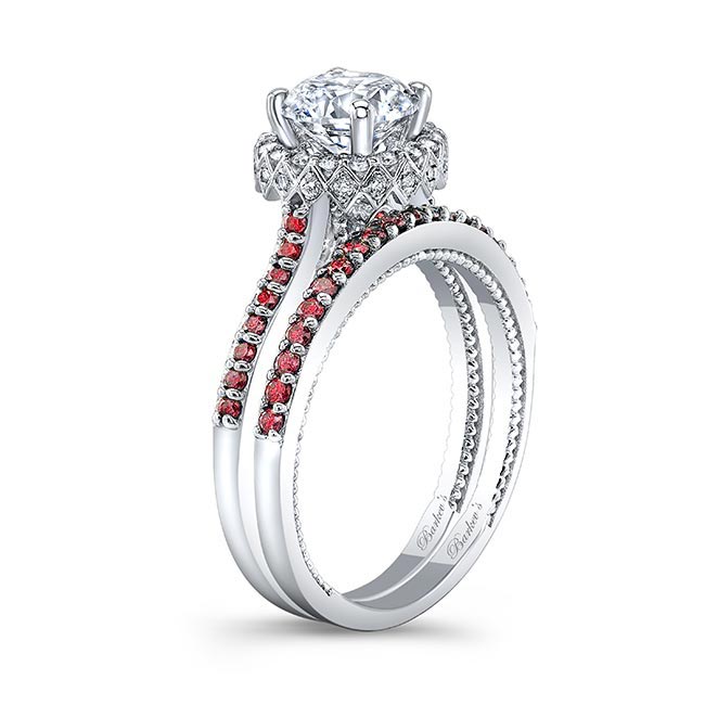 Round Halo Ruby Accent Wedding Set Image 2