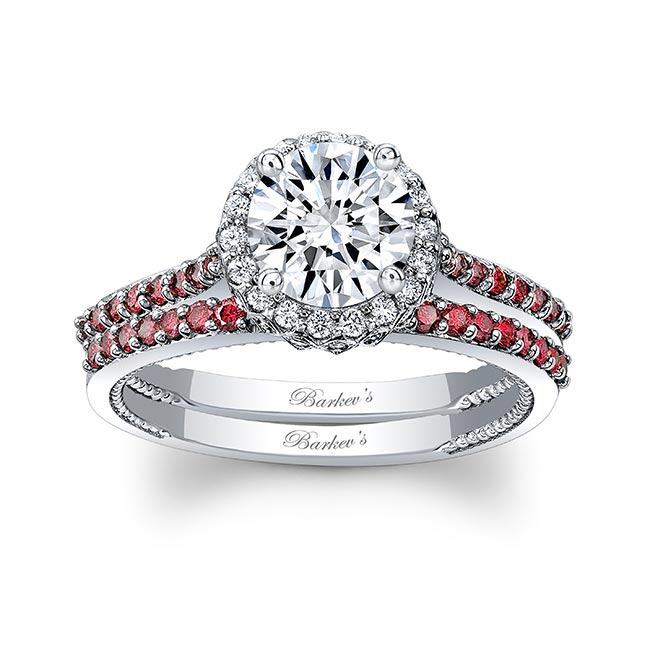 Round Halo Ruby Accent Wedding Set