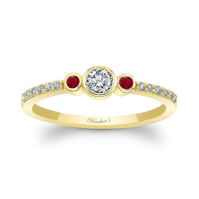 Yellow Gold Mia Three Stone Ruby Diamond Promise Ring