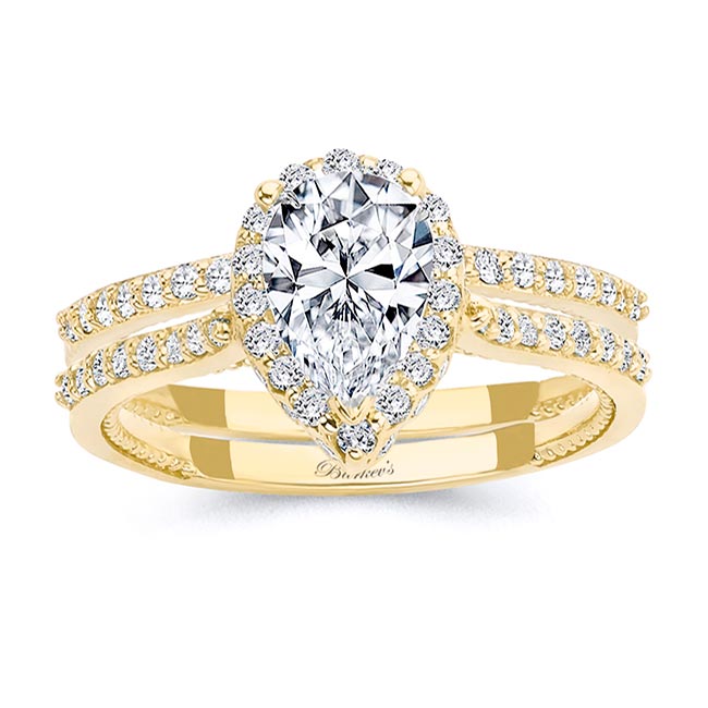 Yellow Gold Eva Pear Shaped Halo Ring Set