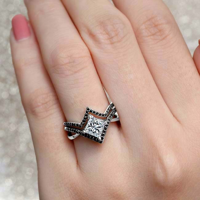 Unique Princess Cut Black Diamond Accent Moissanite Ring Set Image 4