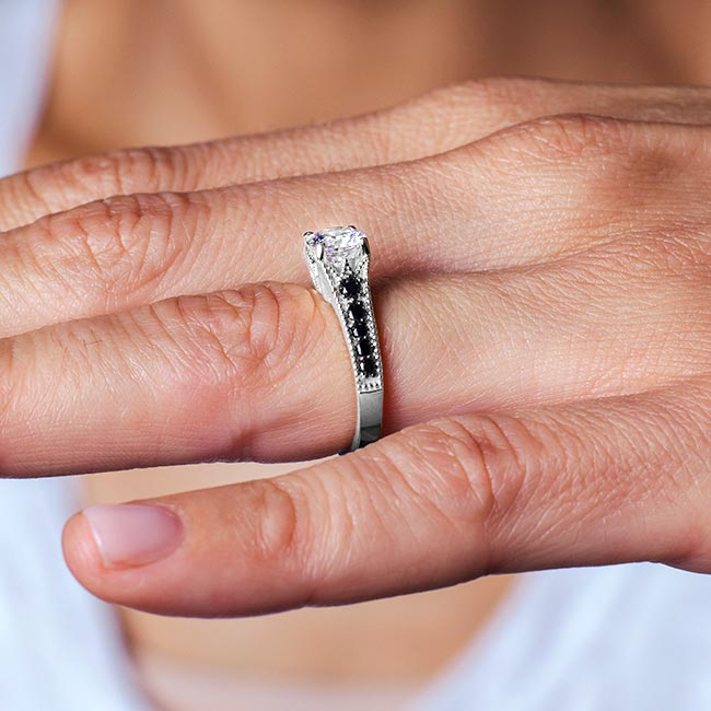 White Gold Moissanite Vintage Ring With Black Diamonds Image 4