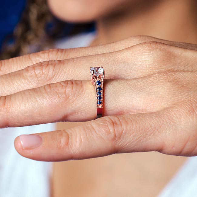 Rose Gold Moissanite Vintage Ring With Blue Sapphires Image 4