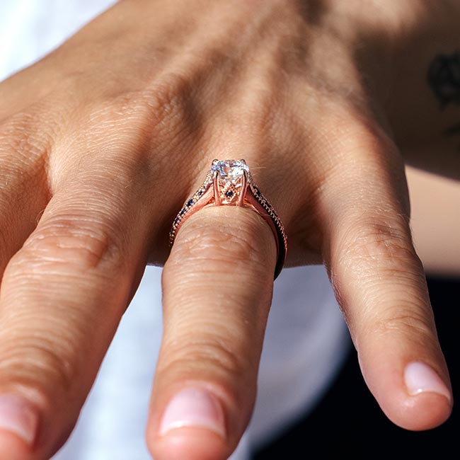 Rose Gold Moissanite Vintage Ring With Blue Sapphires Image 5