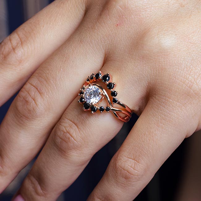 Rose Gold Moissanite Unique Wedding Set With Black Diamond Accents Image 4