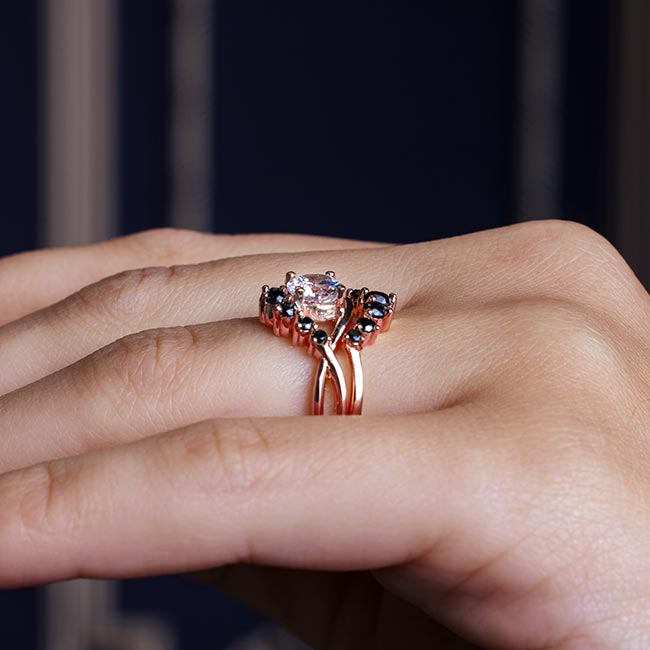 Rose Gold Moissanite Unique Wedding Set With Black Diamond Accents Image 5