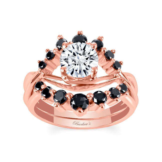 Rose Gold Moissanite Unique Wedding Set With Black Diamond Accents