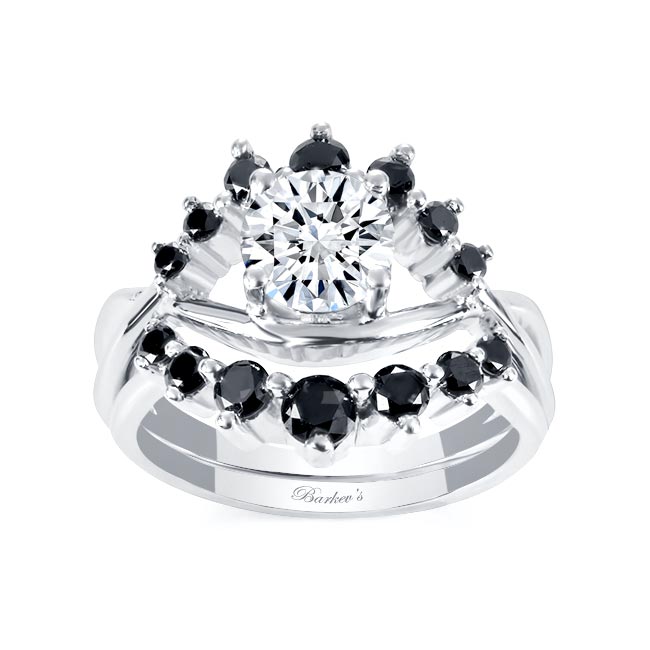 White Gold Moissanite Unique Wedding Set With Black Diamond Accents