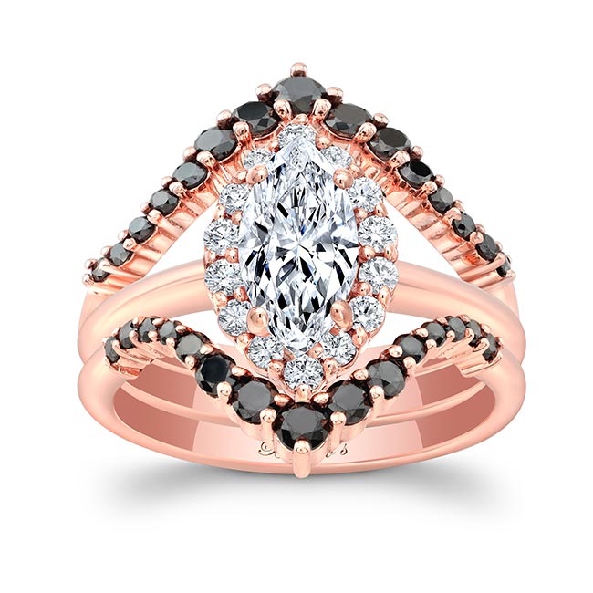 Rose Gold Marquise Cut Moissanite Wedding Set With 2 Black Diamond Bands