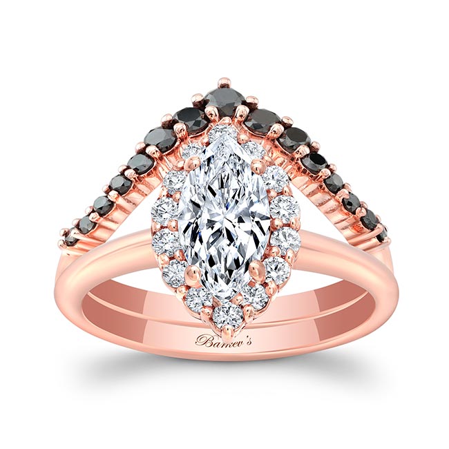 Rose Gold Marquise Cut Diamond Wedding Set With Black Diamonds