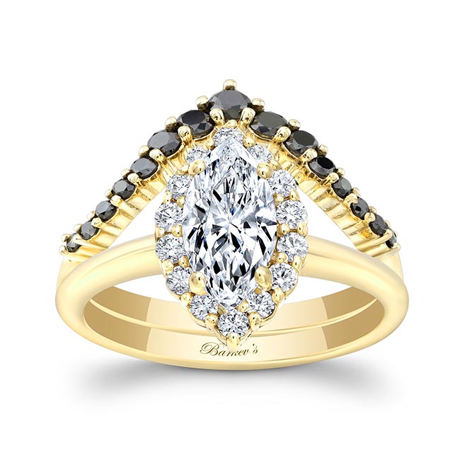 Yellow Gold Marquise Cut Diamond Wedding Set With Black Diamonds