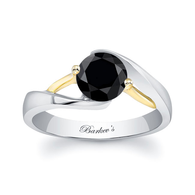 White Yellow Gold Split Band Solitaire Black Diamond Engagement Ring