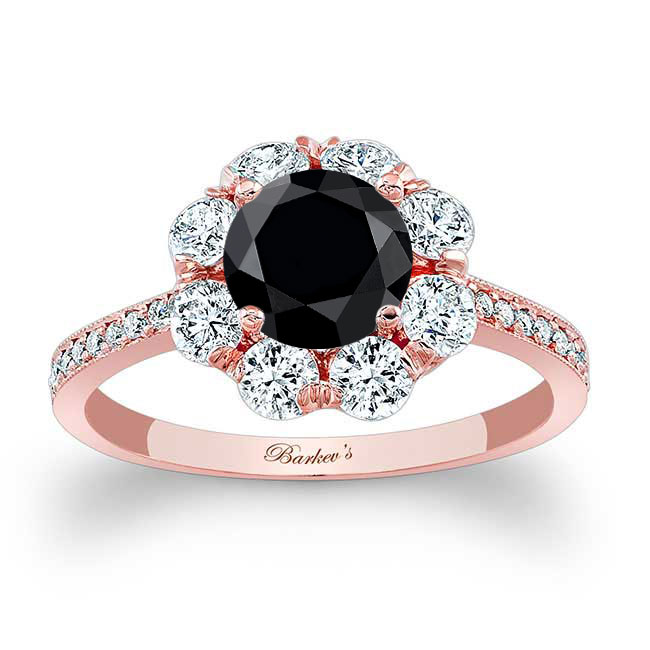 Rose Gold Flower Halo Black And White Diamond Engagement Ring