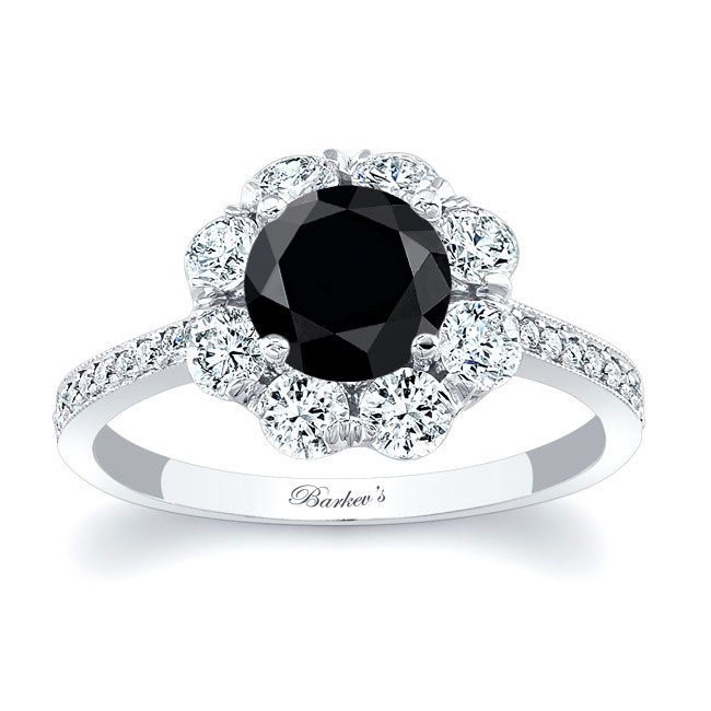 White Gold Flower Halo Black And White Diamond Engagement Ring